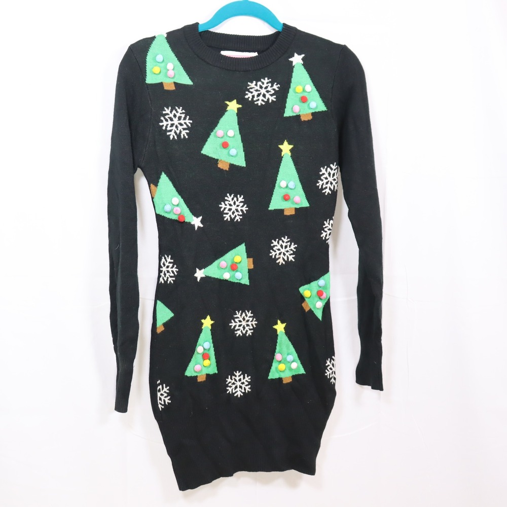 Tipsy Elves Sweater Dress S Black Womens‎ Christmas Tree Pom Pom Ugly Sweater